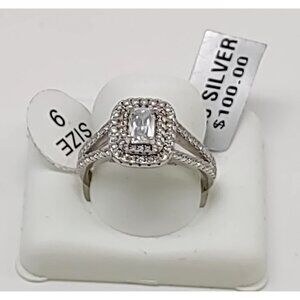 "RJ-R121" Size 9 Sterling Silver 925 Women Engagement Ring Rectangle Stone CZ